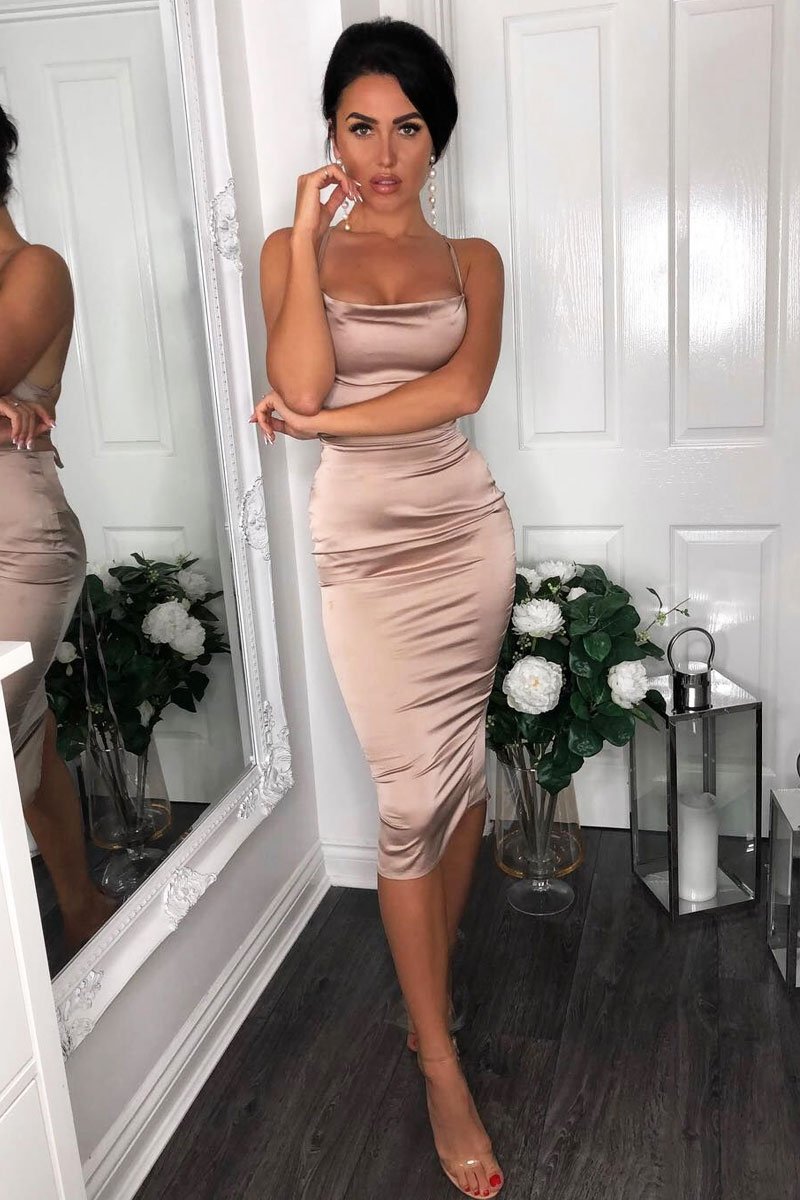Nude Satin Cowl Neck Midi Bodycon Dress - Liliana-Dresses