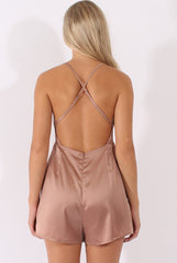 Nude Satin Cowl Neck Playsuit - Kasia-Playsuits