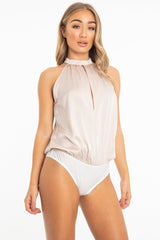 Nude Satin High Neck Keyhole Detail Bodysuit - Kalina-Bodysuits