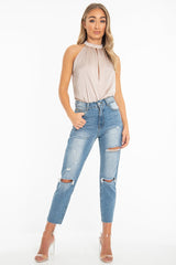 Nude Satin High Neck Keyhole Detail Bodysuit - Kalina-Bodysuits