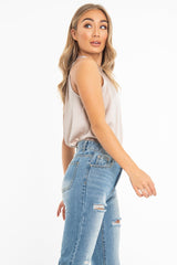 Nude Satin High Neck Keyhole Detail Bodysuit - Kalina-Bodysuits