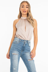 Nude Satin High Neck Keyhole Detail Bodysuit - Kalina-Bodysuits