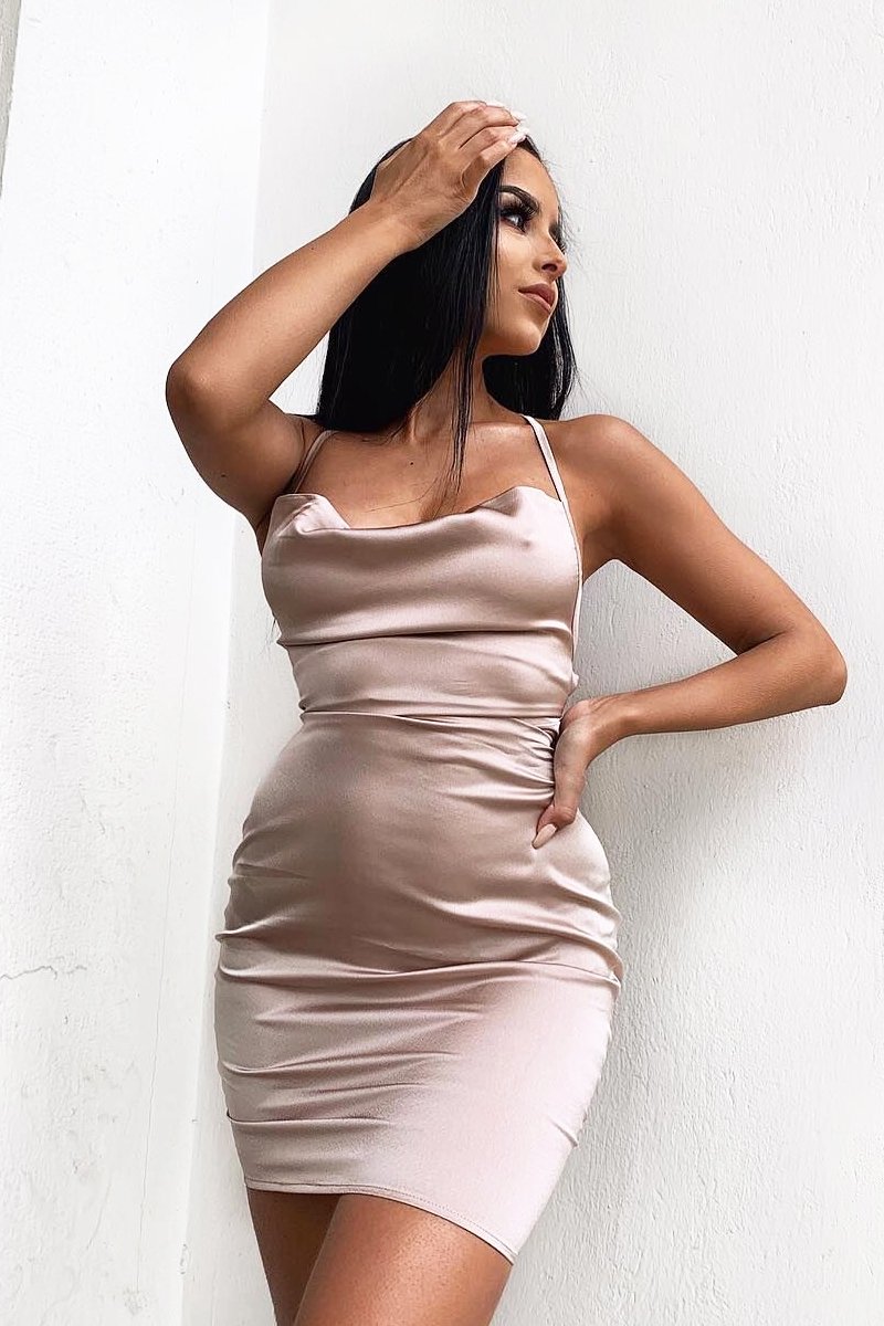 Nude Satin Lace Up Bodycon Mini Dress - Sira-Dresses