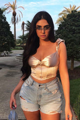 Nude Satin Milkmaid Ring Zip Crop Top - Aariel-Crop Tops