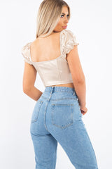 Nude Satin Milkmaid Ring Zip Crop Top - Aariel-Crop Tops