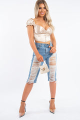 Nude Satin Milkmaid Ring Zip Crop Top - Aariel-Crop Tops