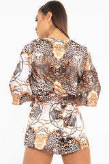 Nude Satin Mix Print Plunge Belted Playsuit - Violet-Playsuits