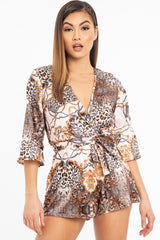 Nude Satin Mix Print Plunge Belted Playsuit - Violet-Playsuits