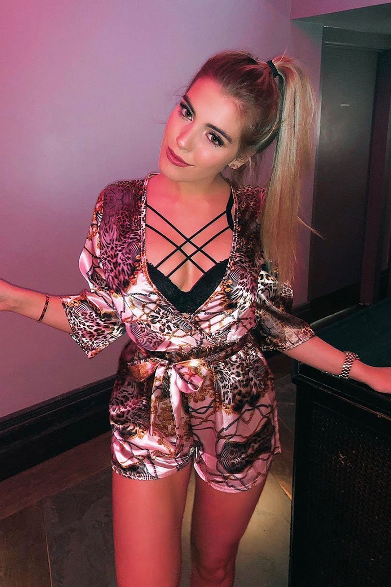 Nude Satin Mix Print Plunge Belted Playsuit - Violet-Playsuits