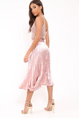 Nude Satin Pleated Midi Skirt - Kelyn-Skirts