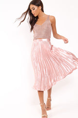 Nude Satin Pleated Midi Skirt - Kelyn-Skirts