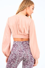 Nude Satin Plunge Crop Blouse - Cailah-Blouse