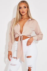 Nude Satin Plunge Tie Detail Top - Deriana-Tops