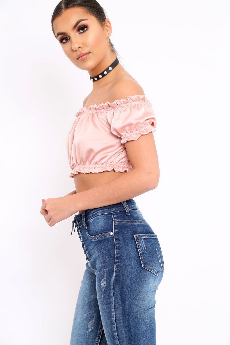 Nude Satin Ruched Bardot Gypsy Crop Top - Becky-Crop Tops