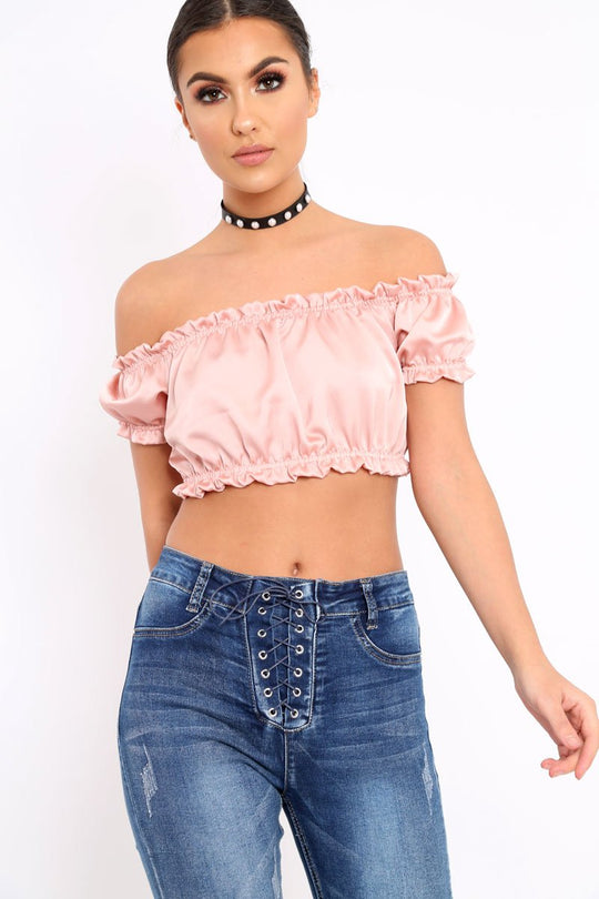 Nude Satin Ruched Bardot Gypsy Crop Top - Becky