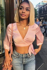 Nude Satin Tie Crop Top - Alara-Crop Tops