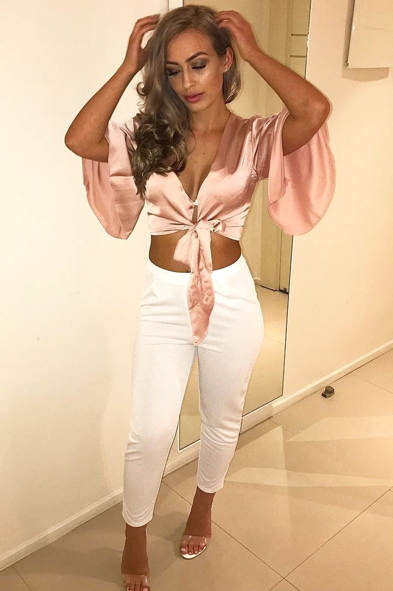 Nude Satin Tie Crop Top - Alara-Crop Tops