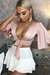 Nude Satin Tie Crop Top - Alara-Crop Tops
