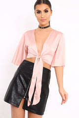 Nude Satin Tie Crop Top - Alara-Crop Tops