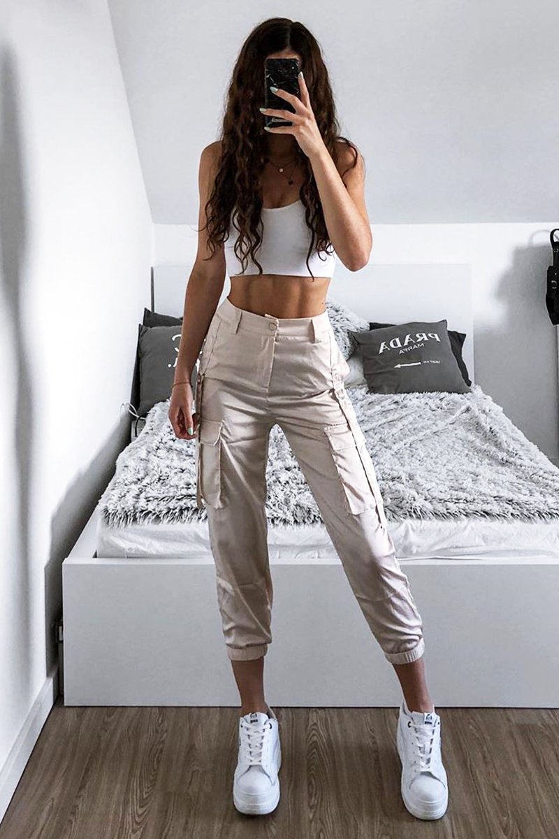 Nude Satin Utility Pocket Cuffed Hem Trousers - Delilah-Trousers