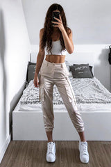 Nude Satin Utility Pocket Cuffed Hem Trousers - Delilah-Trousers