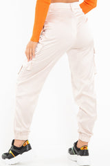 Nude Satin Utility Pocket Cuffed Hem Trousers - Delilah-Trousers