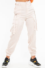 Nude Satin Utility Pocket Cuffed Hem Trousers - Delilah-Trousers