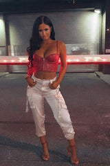 Nude Satin Utility Pocket Cuffed Hem Trousers - Delilah-Trousers