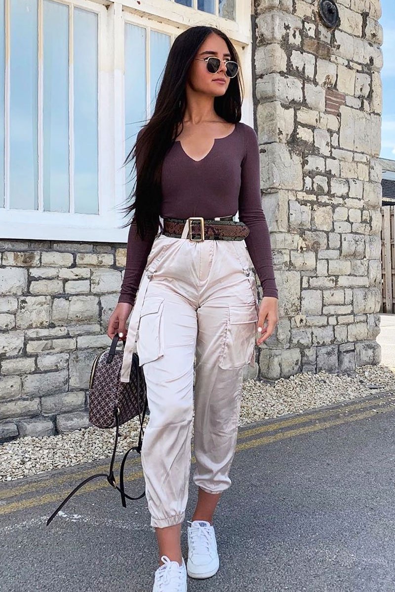 Nude Satin Utility Pocket Cuffed Hem Trousers - Delilah-Trousers