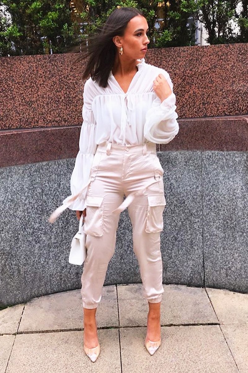 Nude Satin Utility Pocket Cuffed Hem Trousers - Delilah-Trousers