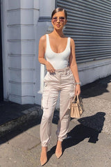 Nude Satin Utility Pocket Cuffed Hem Trousers - Delilah-Trousers