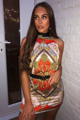 Nude Scarf Print Sleeveless Tie Back Swing Dress - Jessey-Dresses