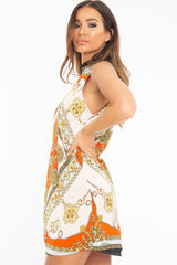 Nude Scarf Print Sleeveless Tie Back Swing Dress - Jessey-Dresses