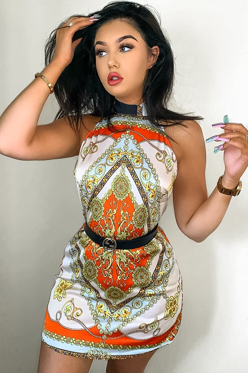 Nude Scarf Print Sleeveless Tie Back Swing Dress - Jessey-Dresses