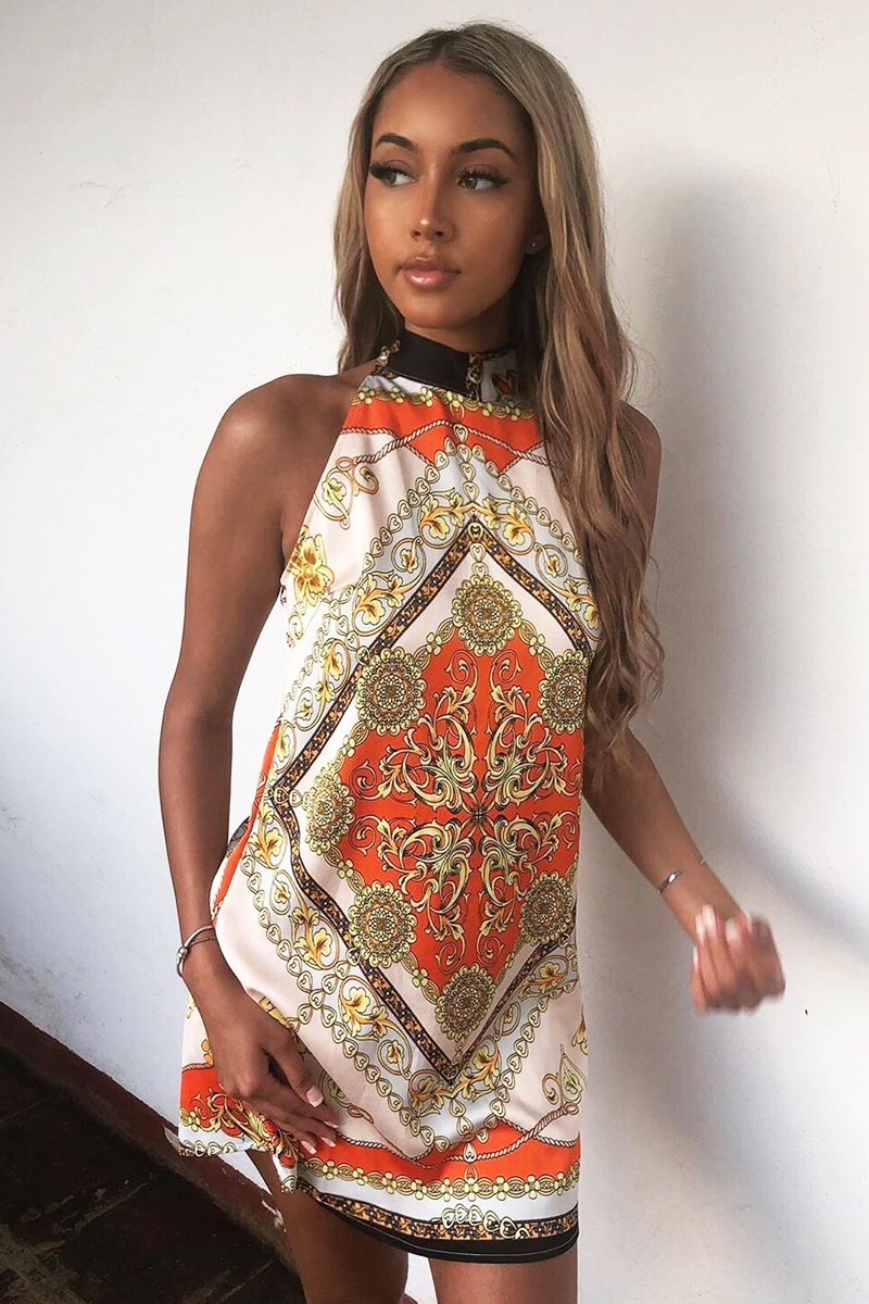 Nude Scarf Print Sleeveless Tie Back Swing Dress - Jessey-Dresses