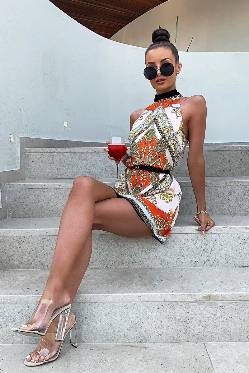 Nude Scarf Print Sleeveless Tie Back Swing Dress - Jessey-Dresses