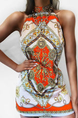 Nude Scarf Print Sleeveless Tie Back Swing Dress - Jessey-Dresses