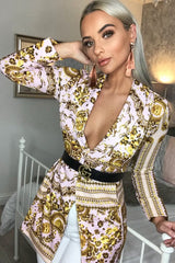 Nude Scarf Print Two Button Blazer - Hilary-Jackets