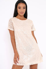 Nude Sequin Oversized Shift Dress - Lilly-Dresses