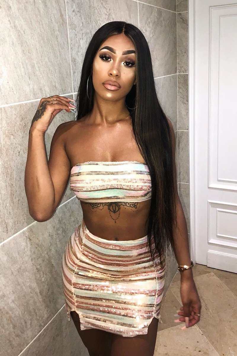 Nude Sequin Stripe Bandeau Mini Skirt Co-Ord - Sidney-Co-ords