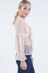 Nude Sheer Polka Dot Frill Blouse - Kaitlin-Blouses