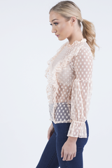 Nude Sheer Polka Dot Frill Blouse - Kaitlin-Blouses