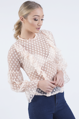 Nude Sheer Polka Dot Frill Blouse - Kaitlin-Blouses