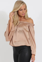 Nude Silky Bardot Top - Drea-Tops