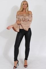 Nude Silky Bardot Top - Drea-Tops