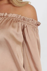 Nude Silky Bardot Top - Drea-Tops