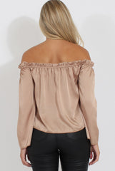 Nude Silky Bardot Top - Drea-Tops