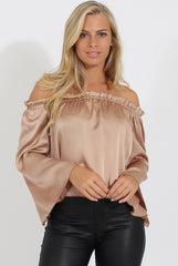 Nude Silky Bardot Top - Drea-Tops