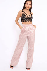 Nude Silky Striped Trousers - Rhiannon-Trousers