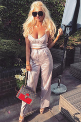 Nude Silky Striped Trousers - Rhiannon-Trousers